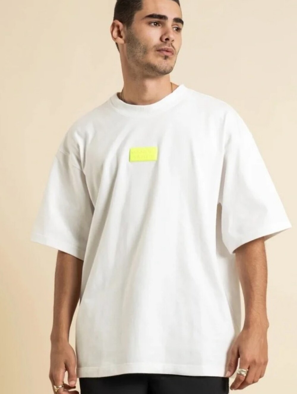 adidas White Oversized Tee with Neon Yellow Chest Patch
